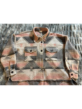 La Miel Womens Aztec Print Womens Shacket Jacket Pink Gray Size L Crop Oversized